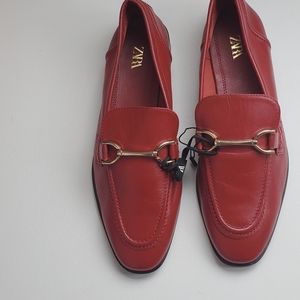Zara Red Leather Flat Loafers with Gold Hardware